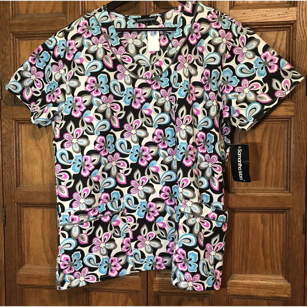 Samantha Mara Top Women's XL Black Floral Cotton Poly Pockets V-Neck SS Scrubs